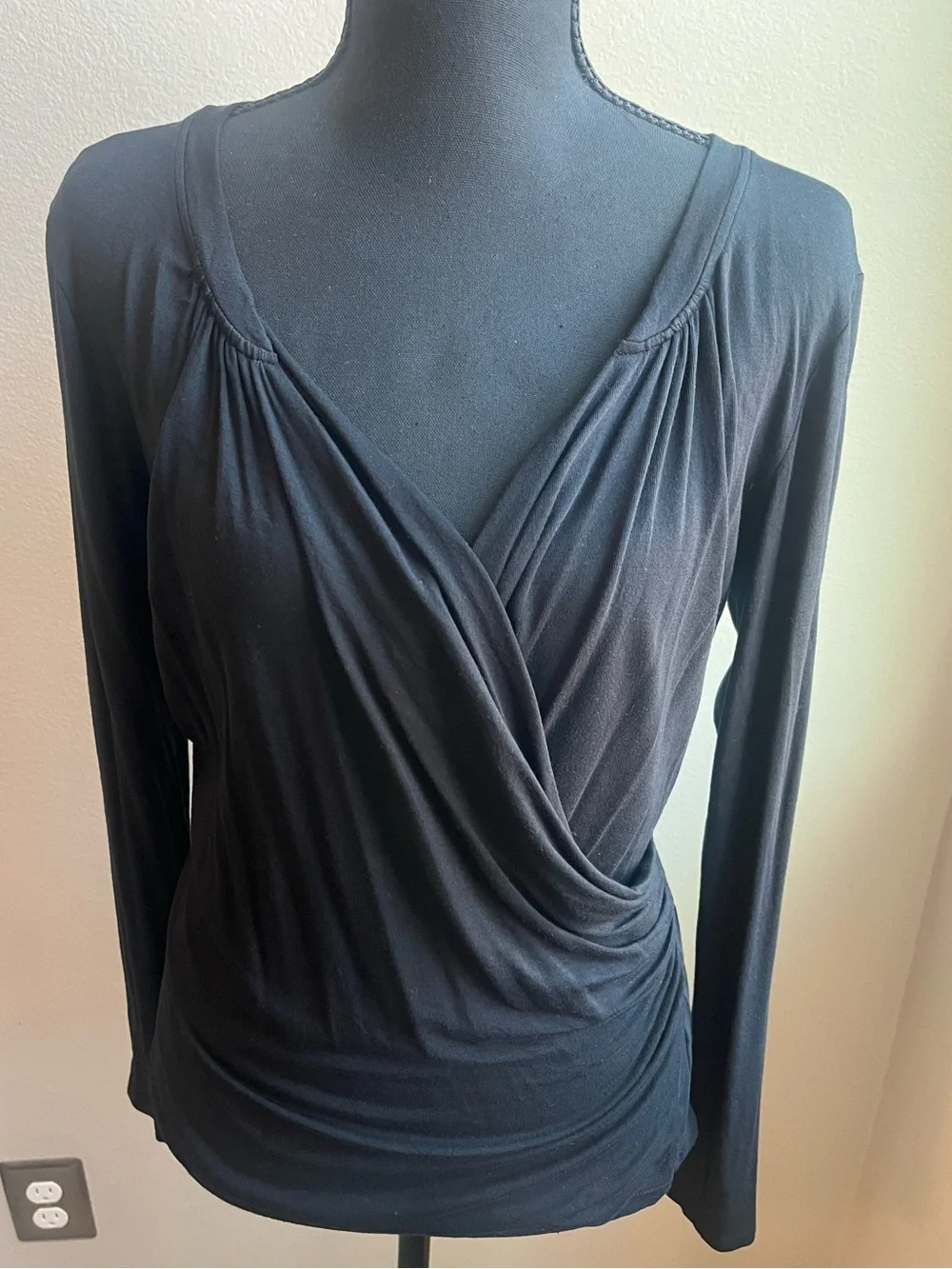 Velvet by Graham & Spencer Black Draped Wrap-Front Long-Sleeve Top